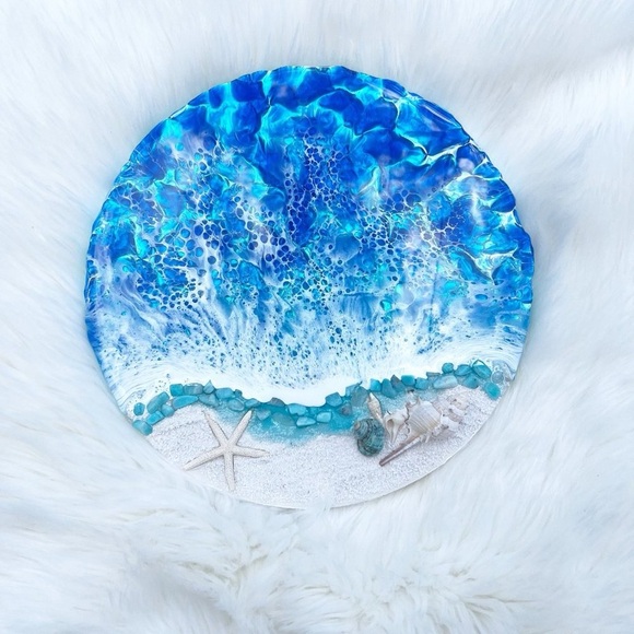 Resin Art Textured Ocean Coastal Wall Hanging Decor Beach Theme Round - Picture 4 of 6